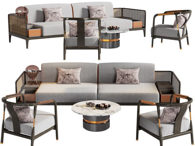 新中式双人沙发、休闲椅子和茶几组合