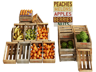 现代实木框内的水果地堆、货架3d模型 现代实木框内的水果地堆、货架