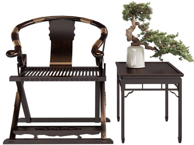 新中式圈椅、扶手椅子、边几盆景