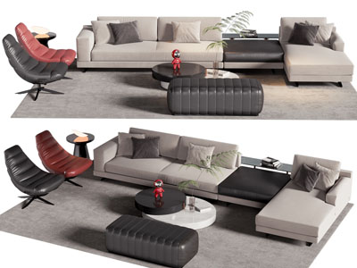 现代布艺转角多人沙发、休闲椅子和茶几组合