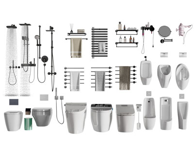 现代不锈钢淋浴花洒、毛巾架和马桶、小便斗