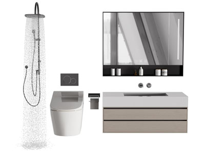 现代淋浴花洒、马桶和洗手台