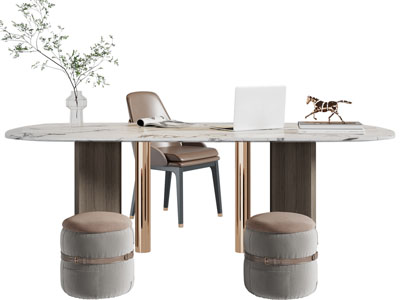 现代轻奢椭圆形大理石书桌椅组合