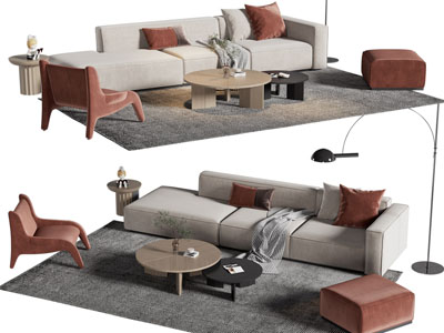 现代多人沙发、休闲椅子沙发凳和茶几组合