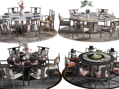 新中式圆形大理石餐桌椅组合