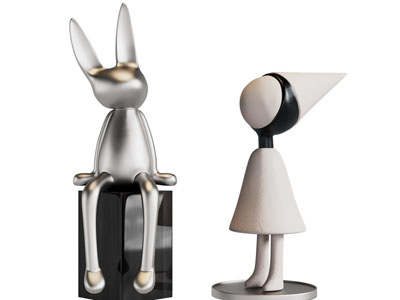 现代兔子、小女孩雕塑雕刻摆件组合