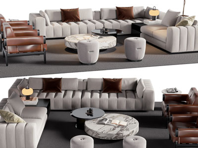 现代转角多人、单人沙发、茶几组合