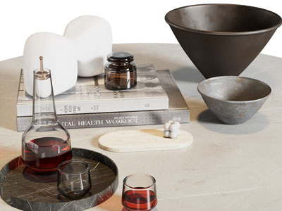 现代托盘酒瓶酒杯、书籍摆件组合