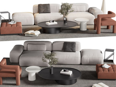 现代多人沙发、休闲椅子和茶几组合