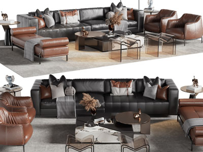 现代皮质多人、单人沙发、沙发凳和茶几组合