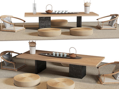 日式实木长方形茶桌椅、蒲团组合