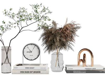 现代书籍、花瓶花卉、闹钟摆件组合