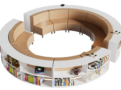 现代圆形带书柜的卡座多人沙发