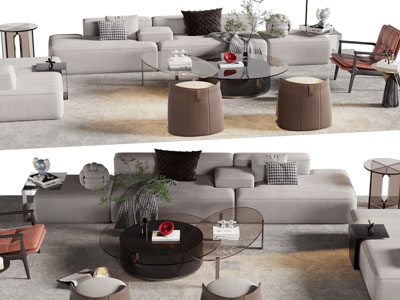 现代布艺无扶手多人沙发、休闲椅子和茶几组合