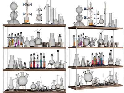 现代置物架上的量杯、试管、烧杯实验器材3d模型 现代置物架上的量杯、试管、烧杯实验器材