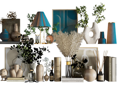 现代书籍、陶艺器皿、花瓶花卉摆件组合