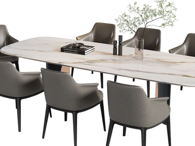 现代长方形大理石餐桌椅组合