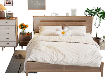 北欧实木双人床、边柜、床头柜