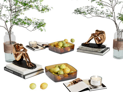 现代书籍、烛台、雕塑、花瓶花卉摆件组合