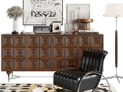 现代复古实木玄关柜、边柜、休闲椅子