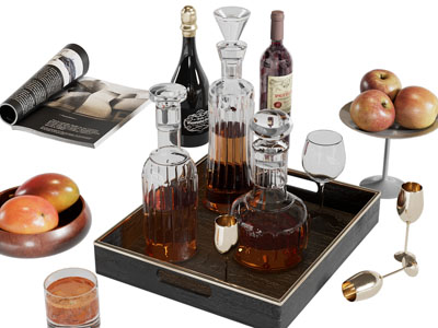 现代托盘里的酒瓶酒杯、果盘和书籍摆件组合