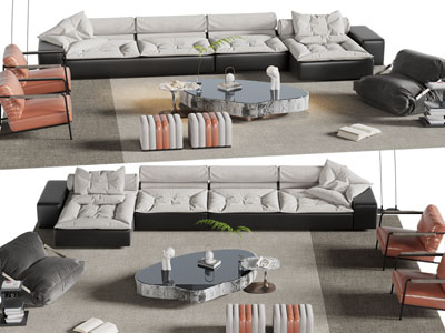 现代多人沙发、休闲椅子和茶几组合