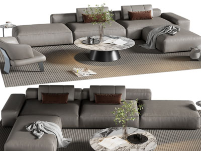 现代转角多人沙发、休闲椅子和茶几组合