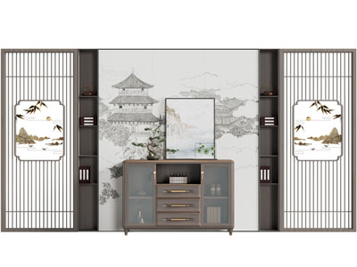 新中式背景墙、玄关柜3d模型 新中式背景墙、玄关柜