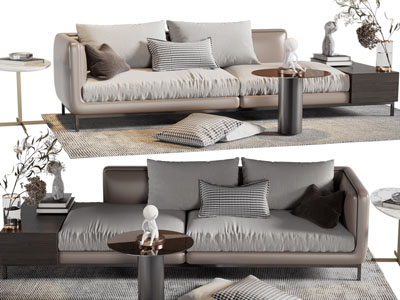 现代布艺多人沙发、边几