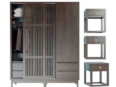 新中式推拉门衣柜、床头柜3d模型 新中式推拉门衣柜、床头柜