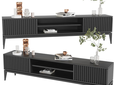 现代黑色电视柜、摆件组合