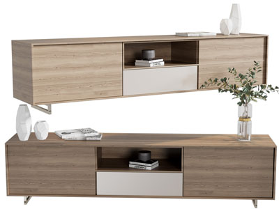 现代实木电视柜、摆件组合