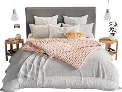 现代布艺双人床、床头边几