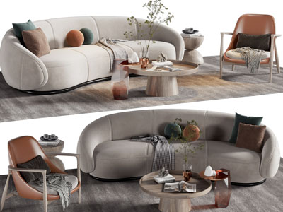 现代弧形多人沙发、休闲椅子和茶几组合
