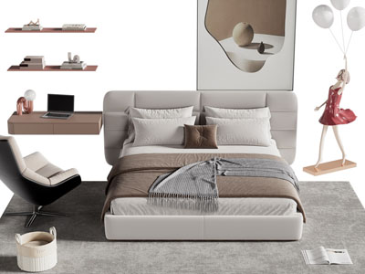 现代双人床、书桌