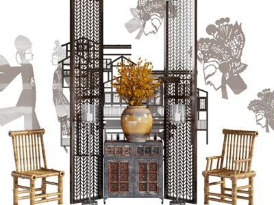 新中式玄关柜、隔断、皮影