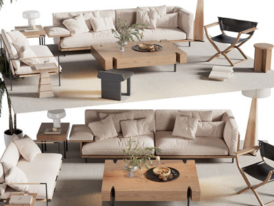 现代布艺双人沙发、休闲椅子和茶几组合