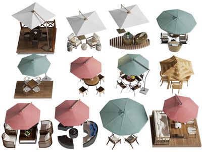 现代户外遮阳伞、餐桌椅组合