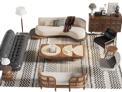 北欧多人沙发、边柜、休闲椅子和茶几组合