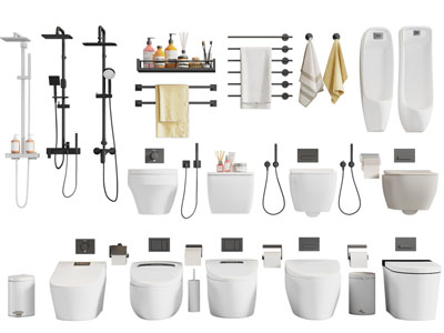 现代壁挂式陶瓷马桶、毛巾架、淋浴花洒