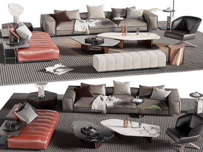 现代多人沙发、沙发凳和茶几组合