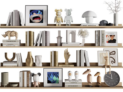 现代隔板上书籍、花瓶摆件组合