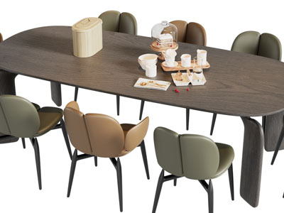 现代椭圆形实木餐桌椅组合