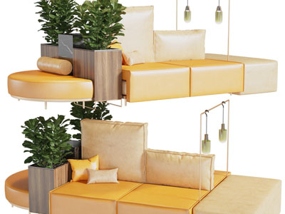 现代装饰盆栽的多人沙发