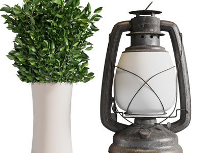 现代复古煤油灯、盆栽摆件组合