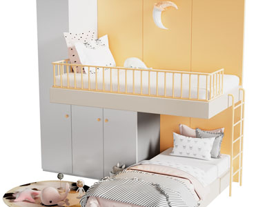 现代儿童带衣柜的上下床