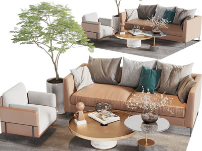 现代双人、单人沙发和茶几组合