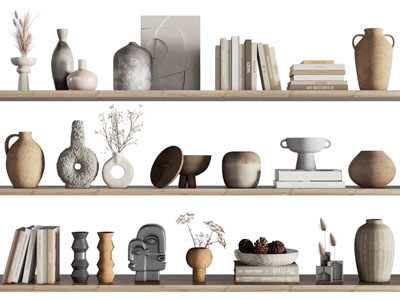 侘寂风隔板上陶艺器皿、书籍摆件组合