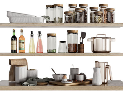 现代隔板上的调味瓶、厨具