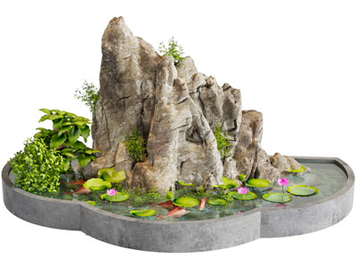 新中式水池、假山景观园艺小品